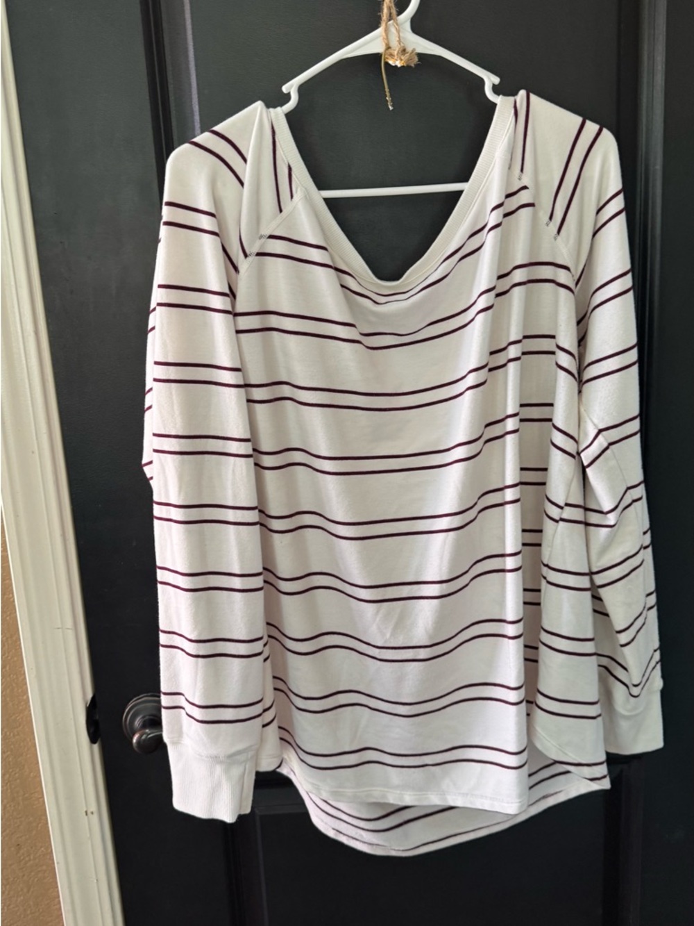 torrid White Long Sleeve Cowl Neck Top with Burgundy Stripes